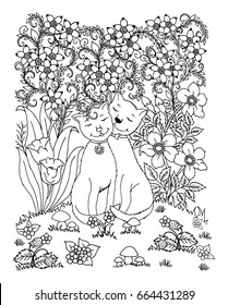 Vector illustration zentangl. Enamored cats surrounded by flowers. Coloring book. Antistress for adults and children. The work was done in manual mode. Black and white.