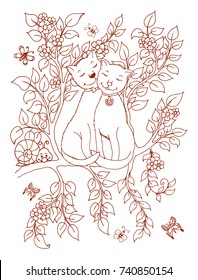 Vector illustration zentangl. Enamored cats. Coloring book. Antistress for adults and children. The work was done in manual mode. Brown and white.