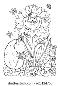 Vector illustration zentangl enamored hedgehogs on a clearing among the flowers. Drawing doodles. Coloring page Anti-stress for adults and children. Work done in manual. Black and white.