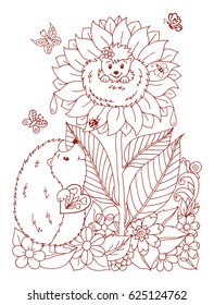 Vector illustration zentangl enamored hedgehogs on a clearing among the flowers. Drawing doodles. Coloring page Anti-stress for adults and children. Work done in manual. Brown and white.