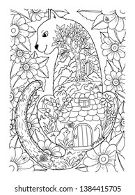 Vector illustration zentangl. The figure of a cat among the flowers in which the forest world. Coloring book. Antistress for adults and children. Work done in manual mode. Black and white.