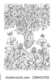 Vector illustration zentangl. Flying butterflies among the flowers. Coloring book. Antistress for adults and children. Work done in manual mode. Black and white.