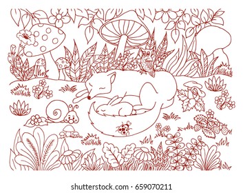 Vector illustration of a zentangl fox with a hare and a snail on a clearing among the mushrooms. The work is done manually. The book is a coloring book for adults and children. Brown and white.