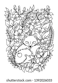 Vector illustration zentangl. Fox with a hedgehog surrounded by flowers. Coloring book. Antistress for adults and children. Work done in manual mode. Black and white.