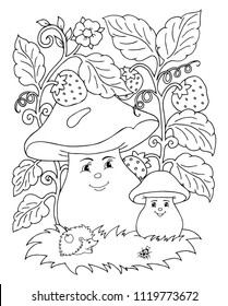 Vector illustration zentangl. Funny mushrooms with a hedgehog under a strawberry bush. Coloring book. Antistress for adults and children. The work was done in manual mode. Black and white.