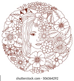 Vector illustration zentangl, girl among the flowers. Coloring Book, anti-stress for adults. Brown and white.