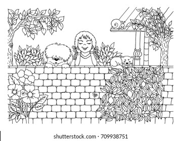 Vector illustration zentangl. Girl with a dog near the house looking over the fence. Coloring book. Anti-stress for adults and children. The work is done in manual mode. Black and white.