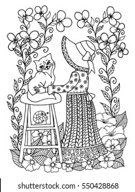 Vector illustration zentangl girl embraces of a kitten a seated a stool surrounded by flowers. Doodle drawing. Meditative exercises. Coloring book anti stress for adults. Black and white.