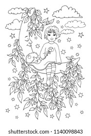 Vector illustration zentangl. A girl with a hedgehog is sitting on the moon. Coloring book. Antistress for adults and children. The work was done in manual mode. Black and white.