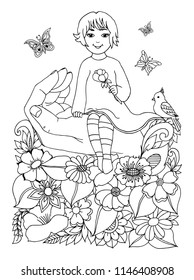 Vector illustration zentangl. A girl is sitting on the pope's hand among the flowers. Coloring book. Antistress for adults and children. The work was done in manual mode. Black and white.