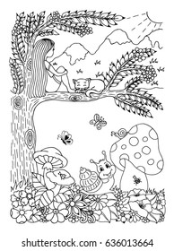 Vector illustration of a zentangl girl sitting on a tree, at her feet the kitten is sleeping, and under the tree is a cheerful snail. The work is done manually.Coloring for adults and children.