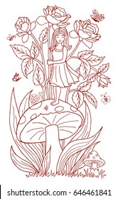 Vector illustration of a zentangl girl standing on a mushroom and holding on to the flowers of pionia. The work is done manually. The book is a coloring book for adults and children. Brown and white.