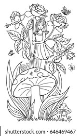 Vector illustration of a zentangl girl standing on a mushroom and holding on to the flowers of pionia. The work is done manually. The book is a coloring book for adults and children. Black and white.