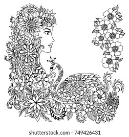 Vector illustration zentangl. The girl with a swan surrounded by flowers. Coloring book. Antistress for adults and children. The work was done in manual mode. Black and white.