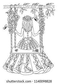 Vector illustration zentangl. Girl swinging on a swing among the flowers. Coloring book. Antistress for adults and children. The work was done in manual mode. Black and white.