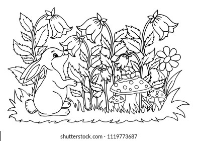 Vector illustration zentangl. Hare in the meadow sniffs flowers bells. Coloring book. Antistress for adults and children. The work was done in manual mode. Black and white.