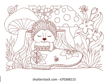 Vector illustration zentangl. Hedgehog in the boot near the stump with mushrooms. Coloring book. Anti Stress for adults and children. The work is done in manual mode. Brown and white.