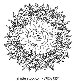 Vector illustration zentangl. Hedgehog curled up in a ball on a sunflower surrounded by flowers. Coloring book. Anti Stress for adults and children. The work is done in manual mode. Black and white.