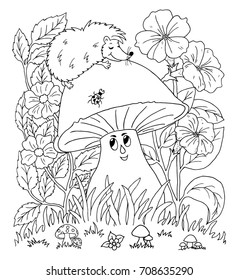 Vector illustration zentangl. Hedgehog on the meadow hugs a large mushroom. Coloring book. Anti-stress for adults and children. The work is done in manual mode. Black and white.