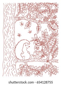 Vector illustration of a zentangl hedgehog and an owl sitting on a tree. The work is done manually. Meditative exercises. The book is a coloring book for adults and children. Brown and white.