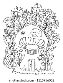 Vector illustration zentangl. The hedgehog sits on a mushroom house among the strawberries. Coloring book. Antistress for adults and children. The work was done in manual mode. Black and white.