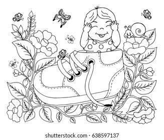 Vector illustration of a zentangl kid hiding in a boot among the flowers. The work is done manually. Meditative exercises. Coloring for adults and children. Black and white.