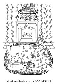 Vector illustration zentangl, kitten on a chair near Christmas tree. Coloring Book, anti-stress for adults. Black and white.