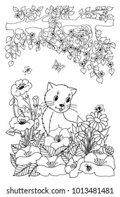 Vector illustration zentangl. The kitten plays in colors under the branches of a tree. Coloring book. The work was done manually. Anti Stress for adults and children. Black and white.
