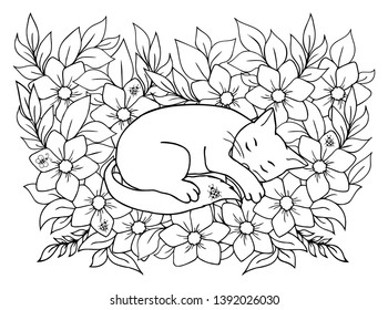 Vector illustration zentangl. Kitten sleeping in a clearing among the flowers. Coloring book. Antistress for adults and children. Work done in manual mode. Black and white.