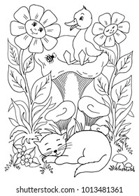 Vector illustration zentangl. The kitten sleeps in a clearing near the mushroom on which the duckling sits. Coloring book. The work was done manually. Anti Stress for adults and children. Black and wh