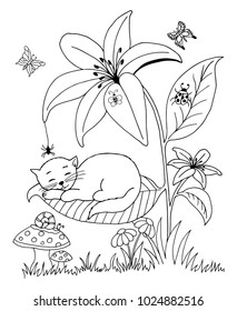 Vector illustration zentangl. The kitten sleeps on a lily leaf. Coloring book. The work was done manually. Anti Stress for adults and children. Black and white.