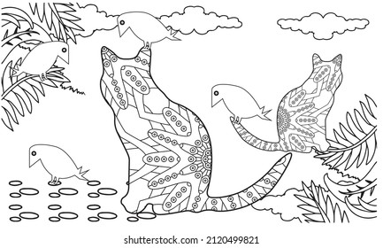 Vector illustration zentangl. The kitten sleeps in a clearing near the mushroom on which the birds sits. Coloring book. The work was done manually. Anti Stress for adults and children. Black and wh
