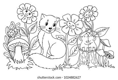 Vector illustration zentangl. The kitten watches the enamored mice among the flowers. Coloring book. The work was done manually. Anti Stress for adults and children. Black and white.