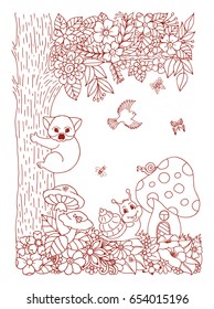 Vector illustration of a zentangl koala and a snail with a small house among the flowers. The work is done manually. The book is a coloring book for adults and children. Brown and white.