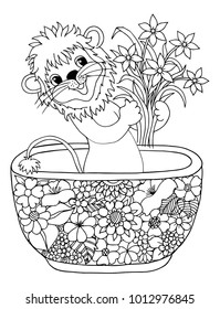 Vector illustration zentangl. Lion in a cup with a bouquet of flowers. Coloring book. The work was done manually. Anti Stress for adults and children. Black and white.