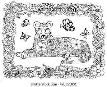 Vector illustration zentangl lioness in a frame of flowers. Doodle drawing. Meditative exercises. Coloring book anti stress for adults. Black and white.