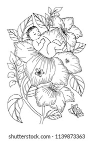 Vector illustration zentangl. The little child lies on the flower of the lily. Coloring book. Antistress for adults and children. The work was done in manual mode. Black and white.