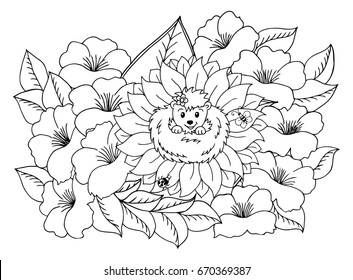 Vector illustration zentangl. Little hedgehog on a sunflower among the flowers. Coloring book. Anti Stress for adults and children. The work is done in manual mode. Black and white.