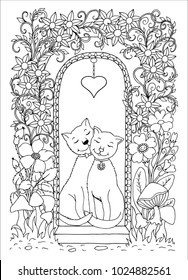 Vector illustration zentangl. Loving cats on the threshold of a luxurious home. Coloring book. The work was done manually. Anti Stress for adults and children. Black and white.