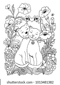 Vector illustration zentangl. A loving couple of cats sit among the flowers. Coloring book. The work was done manually. Anti Stress for adults and children. Black and white.