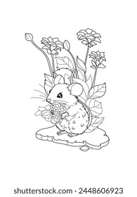 Vector illustration zentangl. The meadow mouse walks with chamomile. Coloring book. Antistress for adults and children. Work done in manual mode. Black and white.