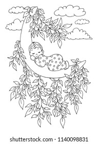 Vector illustration zentangl. The moon on which the baby sleeps is entangled in the branches of a tree. Coloring book. Antistress for adults and children. The work was done in manual mode. 