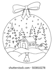 Vector illustration zentangl in a New Year toy displayed winter forest. Coloring Book, anti stress for adults. Black and white.