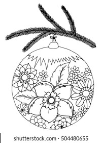 Vector illustration zentangl, New Year toy is painted flowers. Coloring Book, anti-stress for adults. Black and white.
