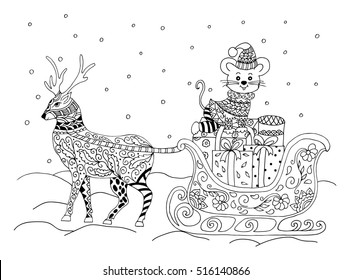 Vector illustration zentangl, New Year reindeer with sled and gifts. Coloring Book, anti-stress for adults. Black and white.