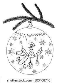 Vector illustration zentangl, New Year's toy in the form of a circle. Coloring Book, anti stress for adults. Black and white.