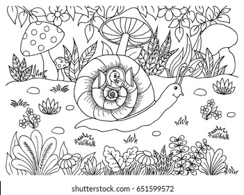 Vector illustration of a zentangl on a glade a snail carries in its little house of a duckling. The work is done manually. The book is a coloring book for adults and children. Black and white.