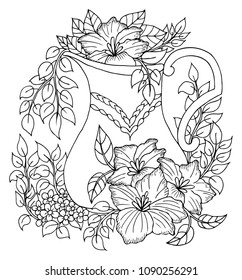 Vector illustration zentangl. An oriental pitcher surrounded by flowers. Coloring book. Antistress for adults and children. The work was done in manual mode. Black and white.