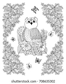 Vector illustration zentangl. Owl on a branch in a frame of flowers. Coloring book. Anti-stress for adults and children. The work is done in manual mode. Black and white.