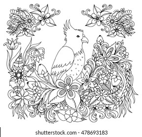 Vector illustration zentangl parrot flowers. Dudling. Book coloring, anti stress for adults. Black and white.